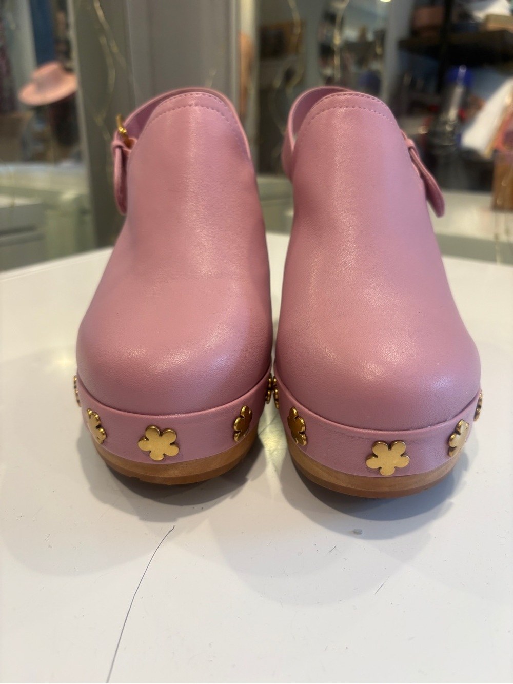 Charlotte Stone Pink Leather Floral-Stud Wooden Clog Heels - Picture 4 of 8